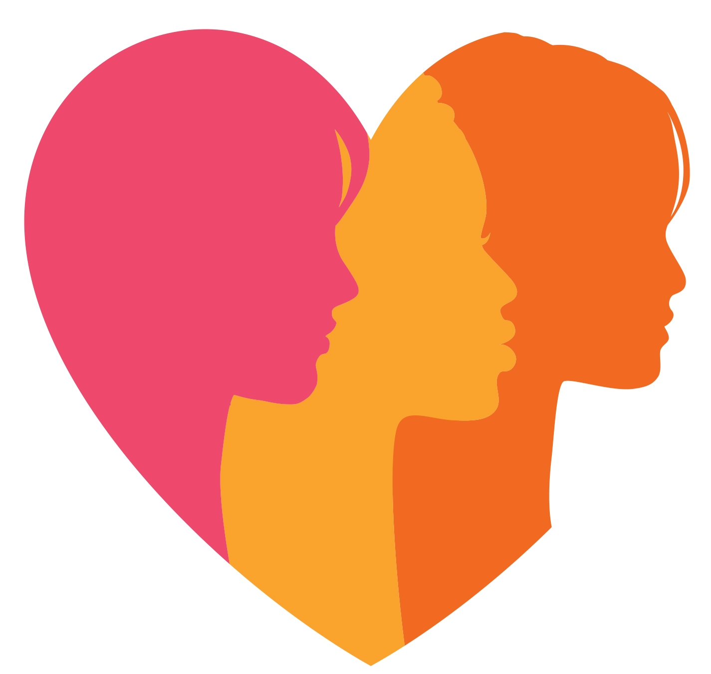 Silhouettes of three women in pink, orange, and yellow forming a heart shape.